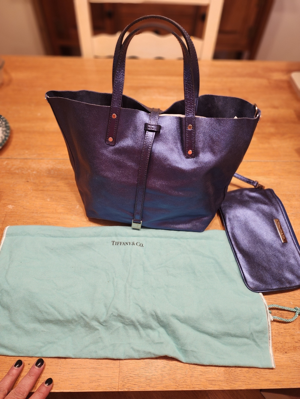 shimmering metallic blue leather Tiffany & Co. reversible tote bag & Pouch